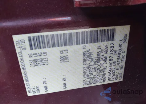 2010 Nissan Maxima 3.5 Sv from USA, damaged, VIN 1N4AA5AP7AC871882